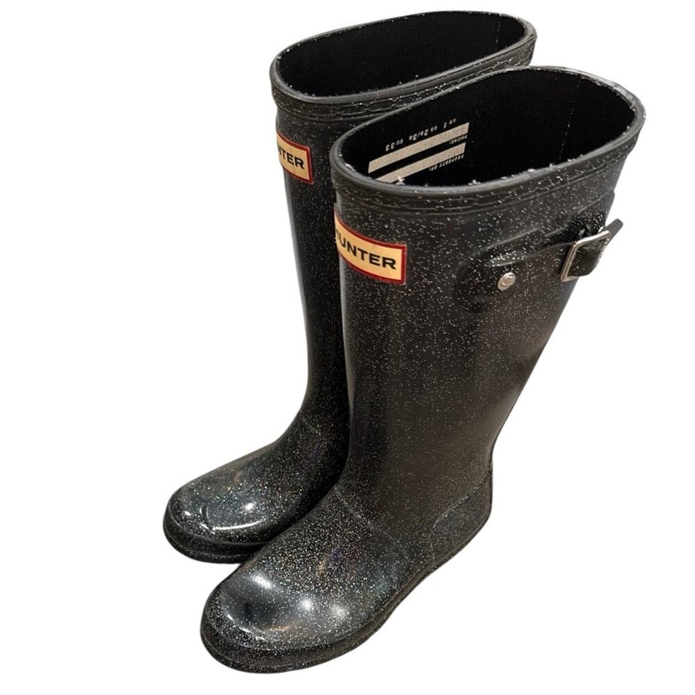 Girls Us 2 Big Kids Rain Boots Giant Black Glitter Original